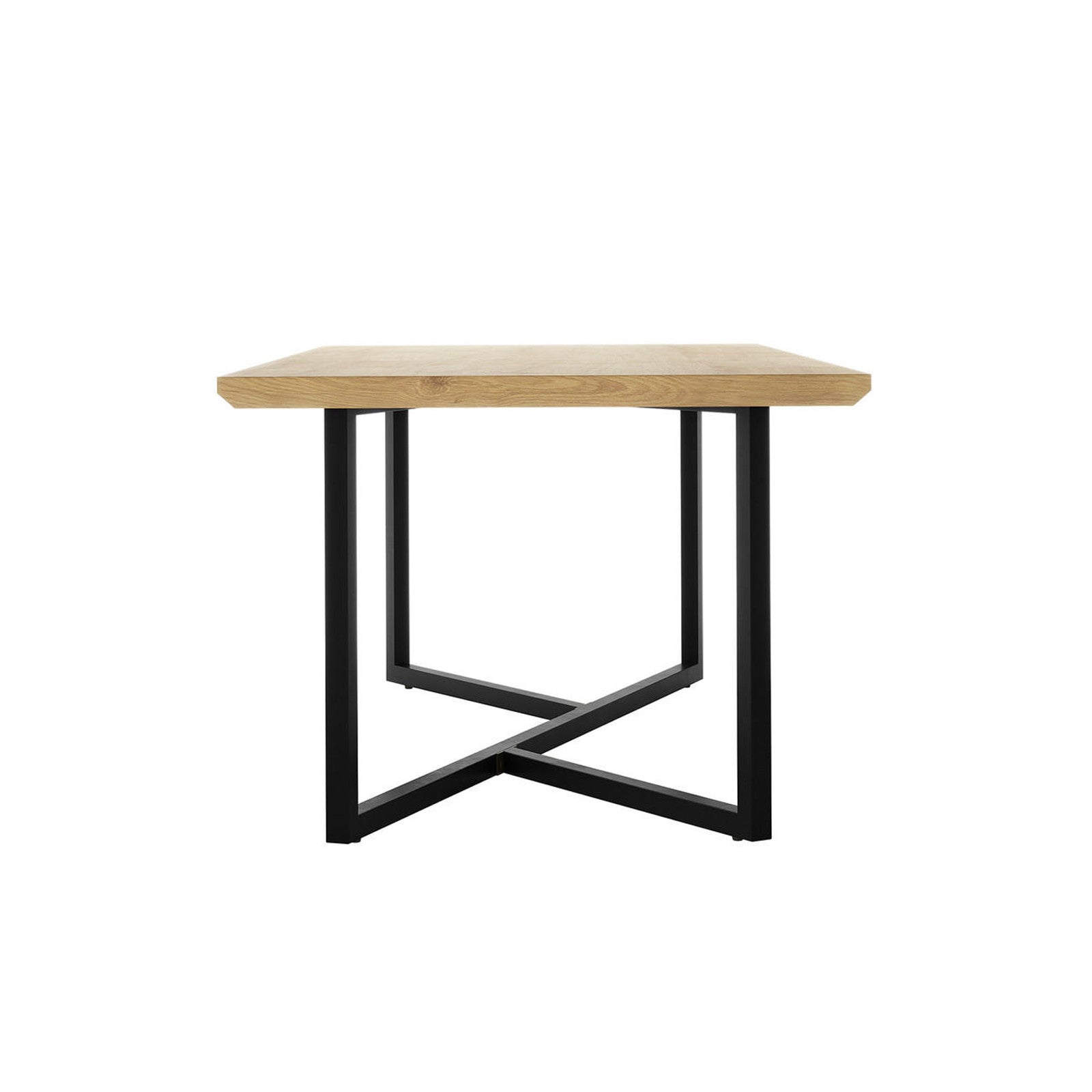 Mae 220cm 8 Seater Rectangular Dining Table in Natural features a light wood rectangular top with a black metal base forming an “X” pattern, embodying modern elegance and industrial charm.