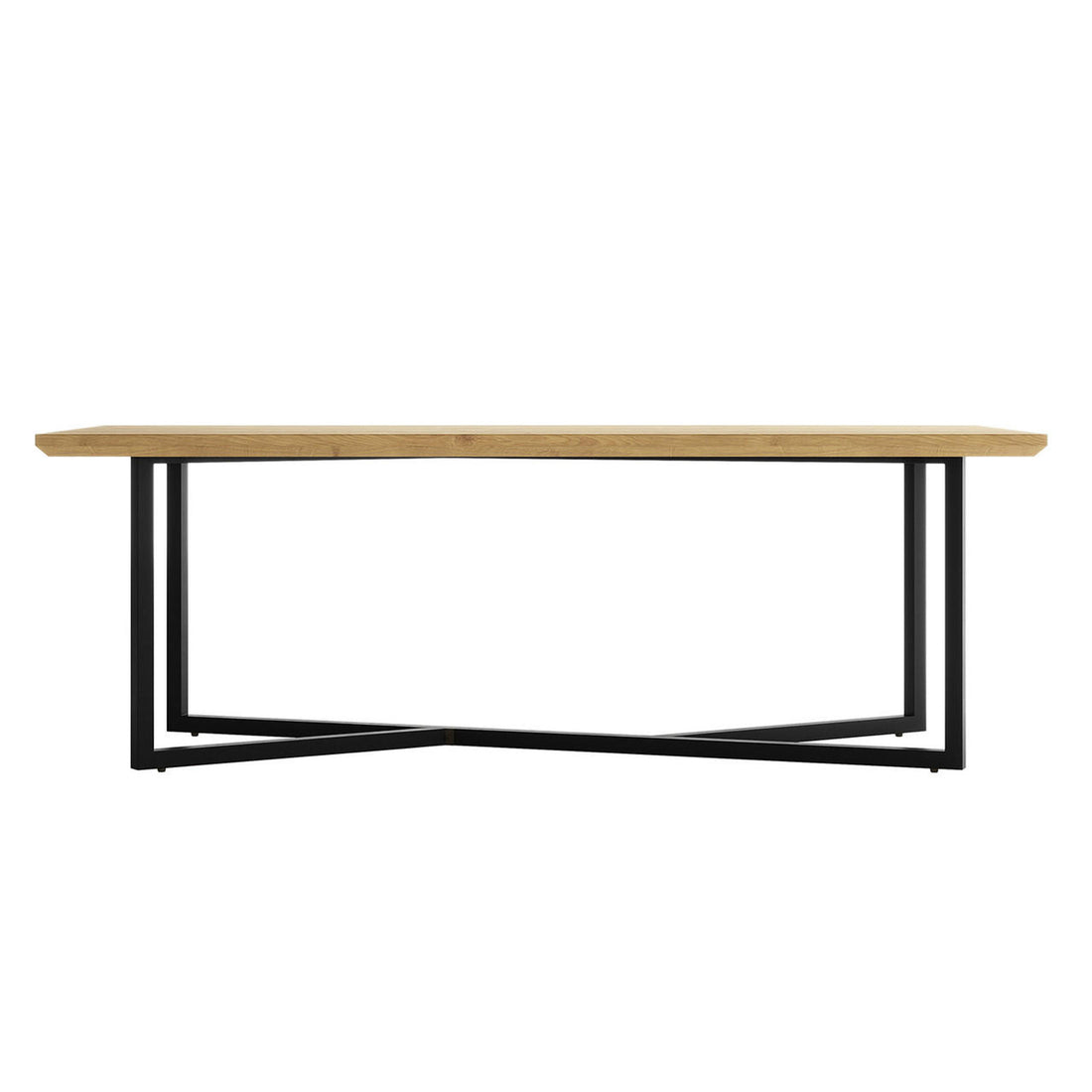 Mae 220cm 8 Seater Rectangular Dining Table in Natural, featuring a light-stained wood slab tabletop on a black powder-coated metal base with intersecting U-shaped supports, showcasing modern design.