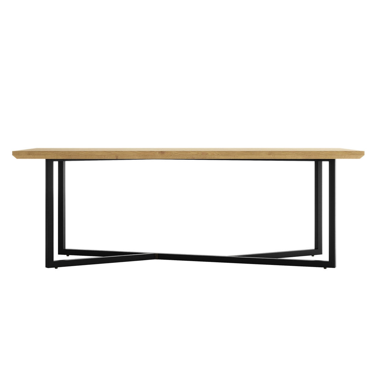 Mae 220cm 8 Seater Rectangular Dining Table in Natural, featuring a light-stained wood slab tabletop on a black powder-coated metal base with intersecting U-shaped supports, showcasing modern design.