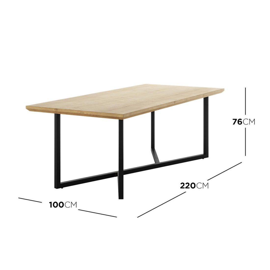 Mae 220cm 8 Seater Rectangular Dining Table in Natural, featuring a light-wood rectangular top and sturdy black metal legs, ideal for contemporary dining spaces, measuring 220cm long, 100cm wide, and 76cm high.