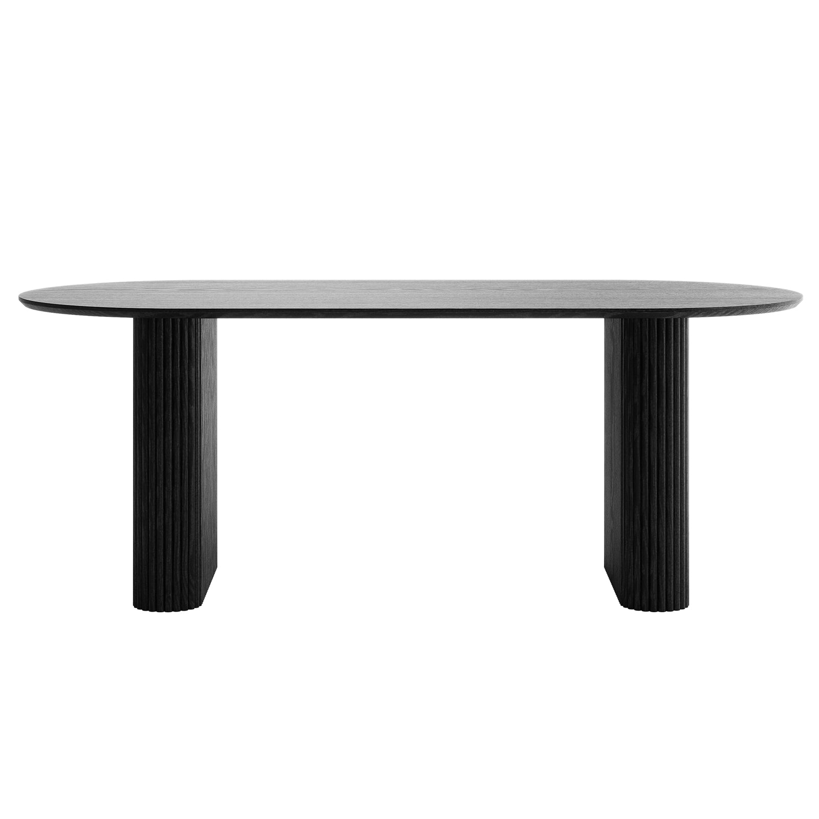 Marciana 8 Seater Fluted Oval Dining Table in Black features an oval top and fluted rectangular legs, exuding a minimalist, contemporary style perfect for modern dining spaces.