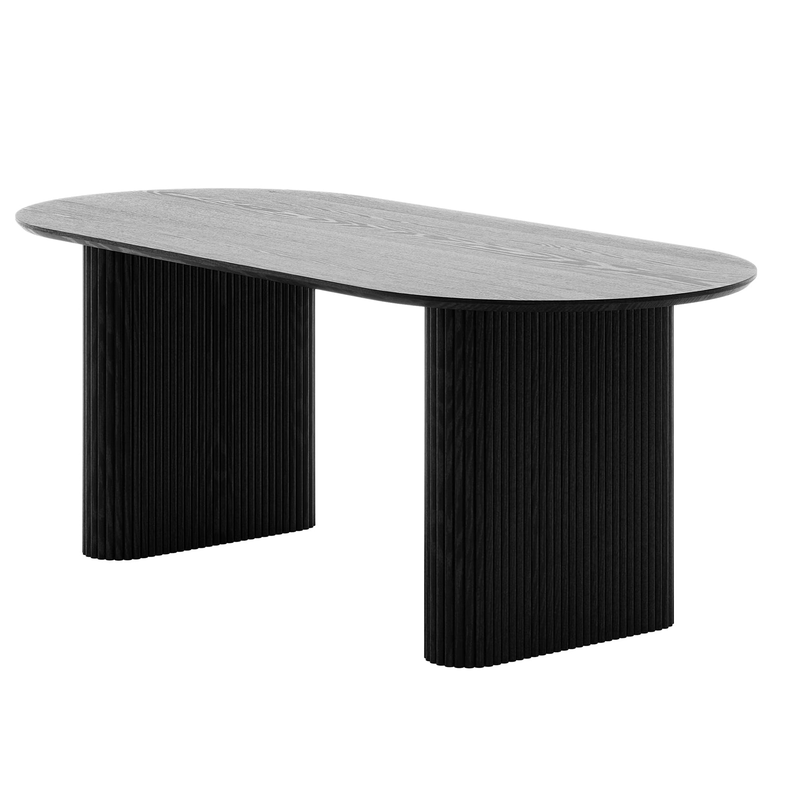 Marciana 8 Seater Fluted Oval Dining Table in Black features a sleek oval top and sculptural fluted pedestal legs, creating a striking silhouette ideal for modern dining spaces.