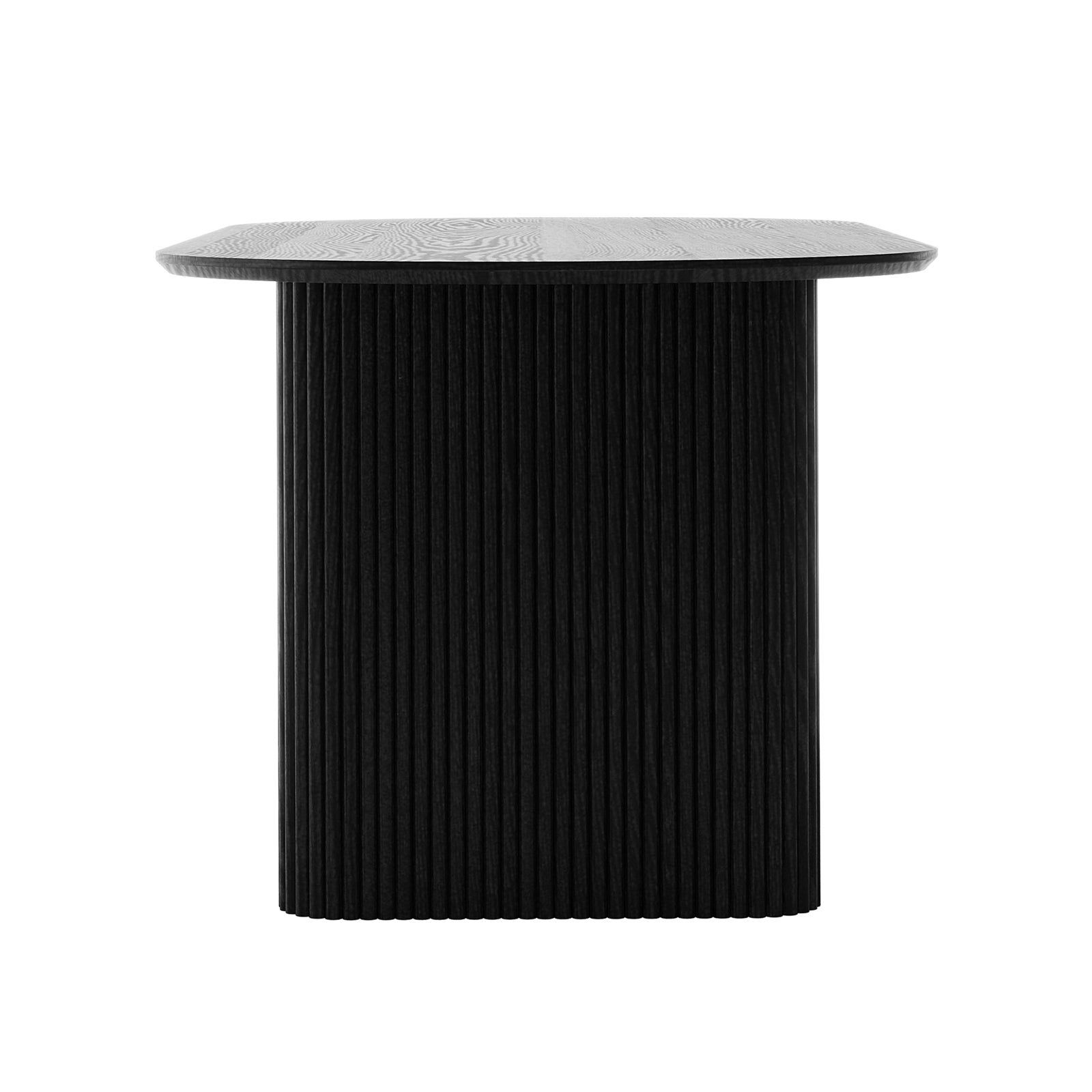 Marciana 6 Seater Fluted Pillar Dining Table in Black featuring a modern fluted column-style base and a square top with rounded corners, showcasing a sleek and contemporary design.