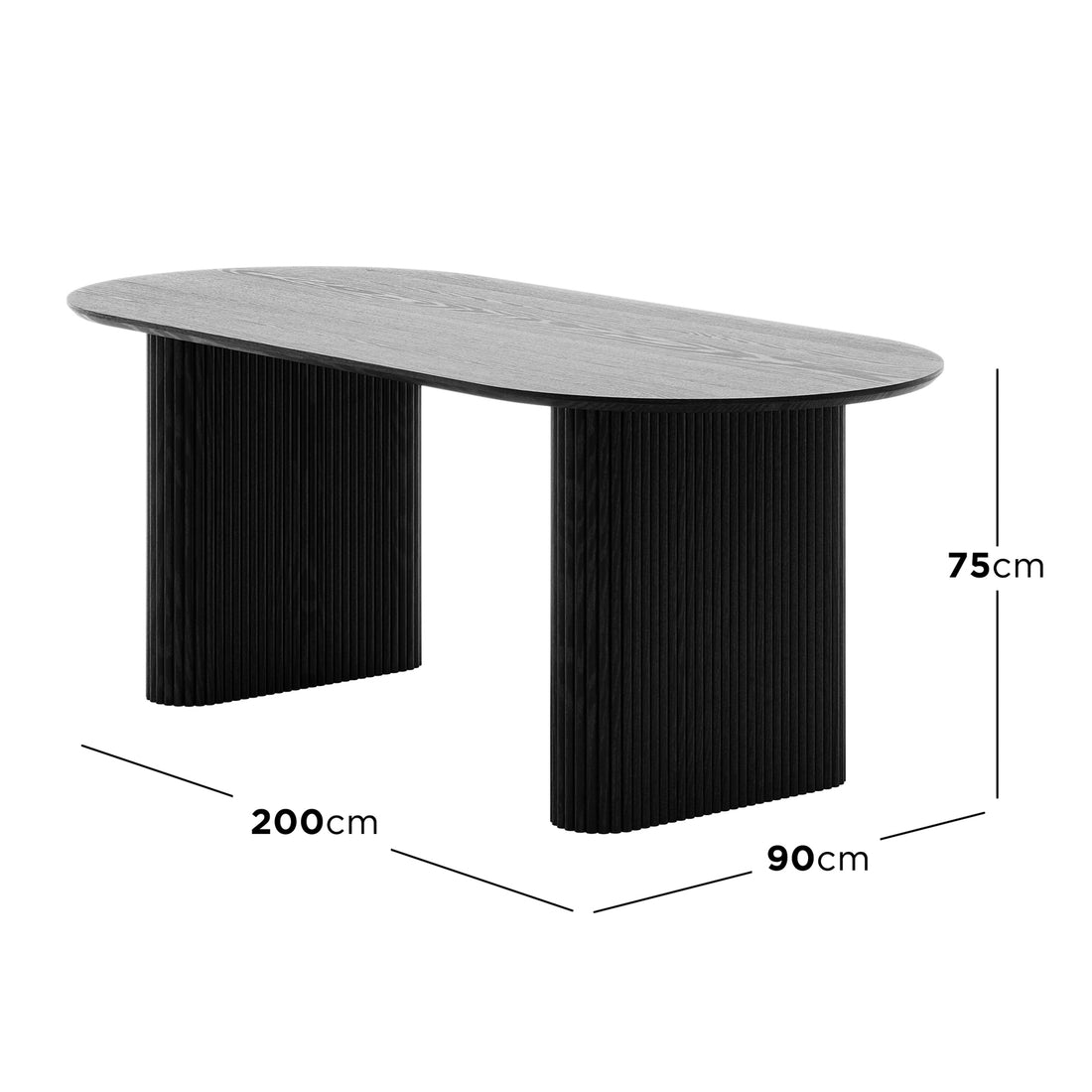 Marciana 8 Seater Fluted Oval Dining Table in Black, featuring a sleek oval top, fluted pedestal legs, and measuring 200 cm long, 90 cm wide, and 75 cm high, ideal for modern dining spaces.