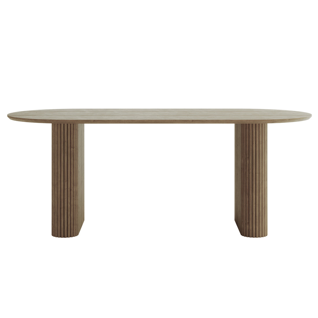 Marciana 8 Seater Fluted Oval Dining Table featuring a racetrack-shaped tabletop in light wood with sculptural fluted cylindrical pedestal legs, blending modern design with functionality for spacious dining.