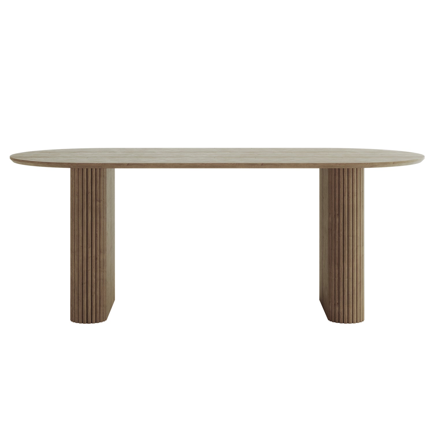 Marciana 8 Seater Fluted Oval Dining Table featuring a racetrack-shaped tabletop in light wood with sculptural fluted cylindrical pedestal legs, blending modern design with functionality for spacious dining.