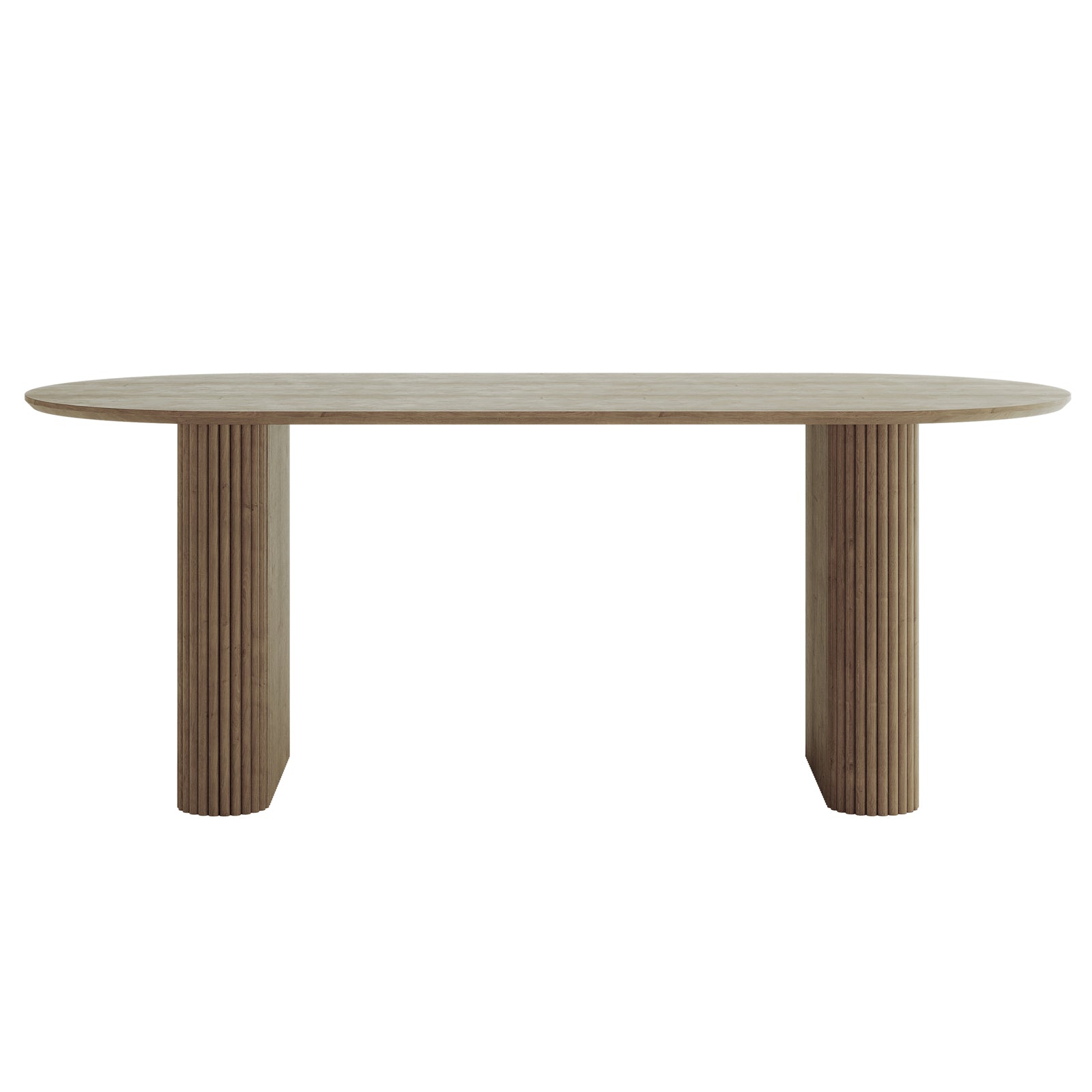 Marciana 8 Seater Fluted Oval Dining Table featuring a racetrack-shaped tabletop in light wood with sculptural fluted cylindrical pedestal legs, blending modern design with functionality for spacious dining.