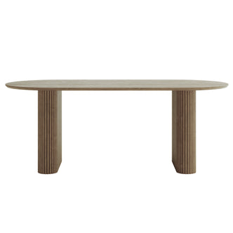 Marciana 8 Seater Fluted Oval Dining Table featuring a racetrack-shaped tabletop in light wood with sculptural fluted cylindrical pedestal legs, blending modern design with functionality for spacious dining.