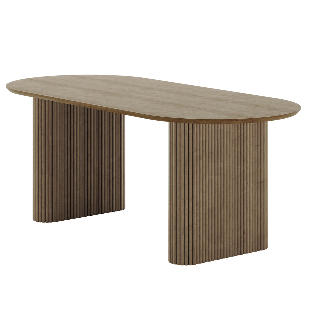 Marciana 8 Seater Fluted Oval Dining Table features an elongated oval top on two ribbed, semi-cylindrical bases, offering a modern look, ideal for dining or conference settings.