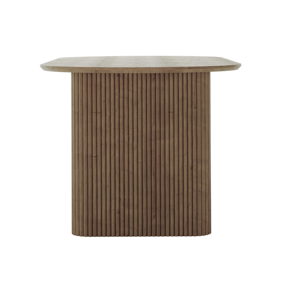 Marciana 8 Seater Fluted Oval Dining Table features a sleek, square-top design with rounded corners, supported by a central pedestal of vertical fluted slats, showcasing modern minimalist elegance in warm oak finish.