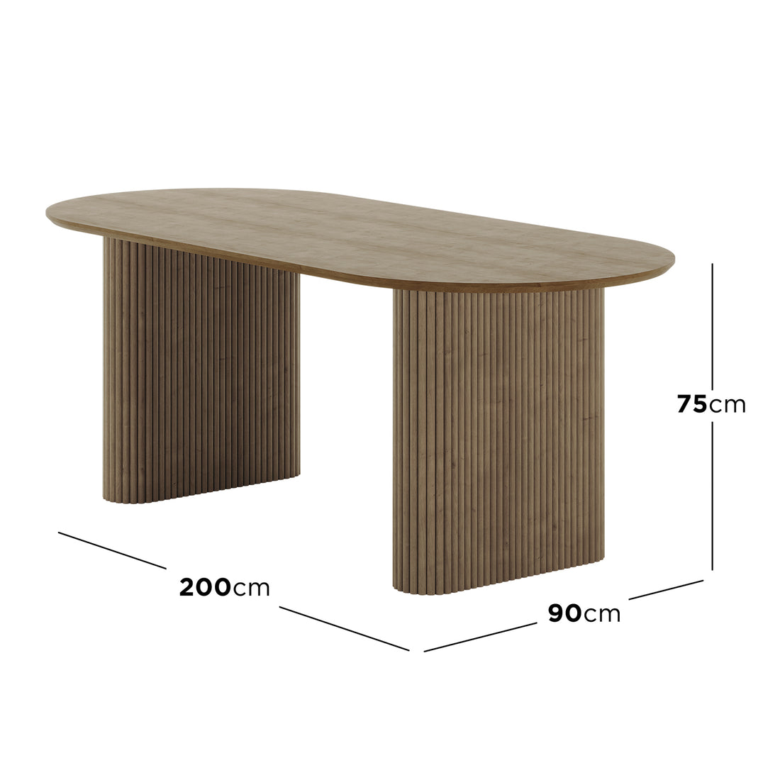Marciana 8 Seater Fluted Oval Dining Table with ribbed semi-cylindrical pedestal bases, smooth oval top, measuring 200cm in length, designed for modern dining spaces, accommodating up to eight people.