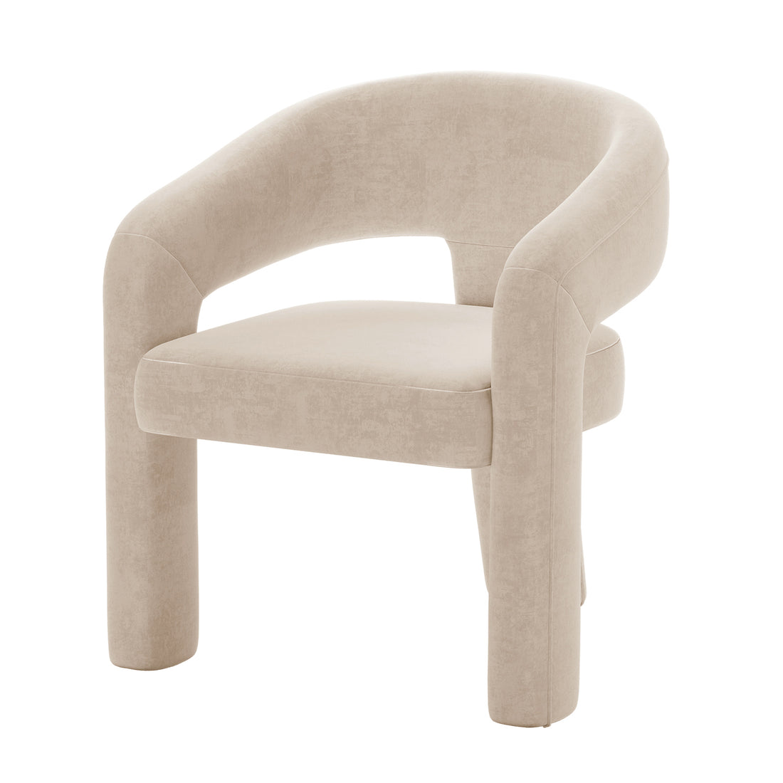 Mariah Velvet Upholstered Accent Chair - Beige: Features a curved, light-beige fabric with thick, cylindrical legs, offering a minimalist and elegant design, perfect for any modern home setting.