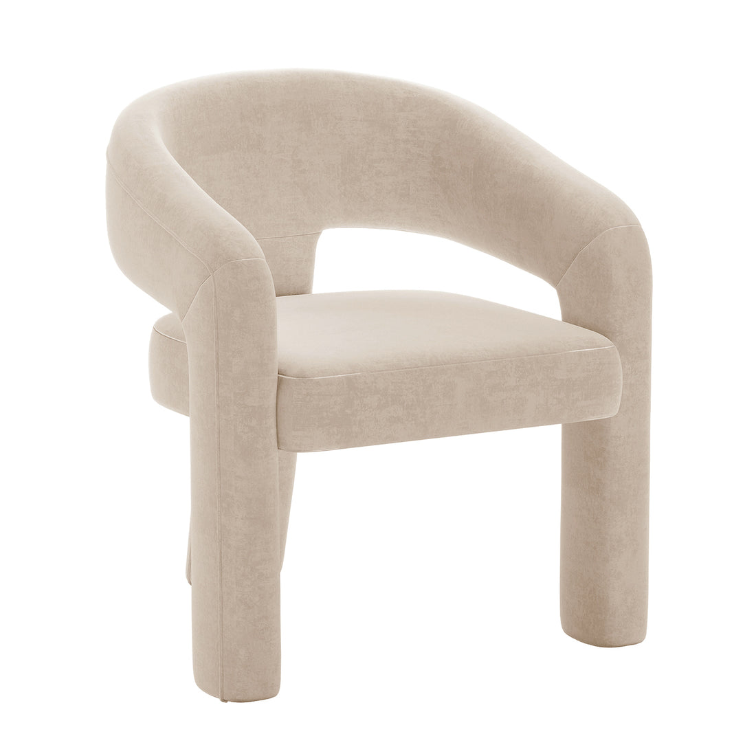 Mariah Velvet Upholstered Accent Chair - Beige features a modern design with a gently curved backrest, thick padded seat, and four tubular legs, all in matching beige upholstery.