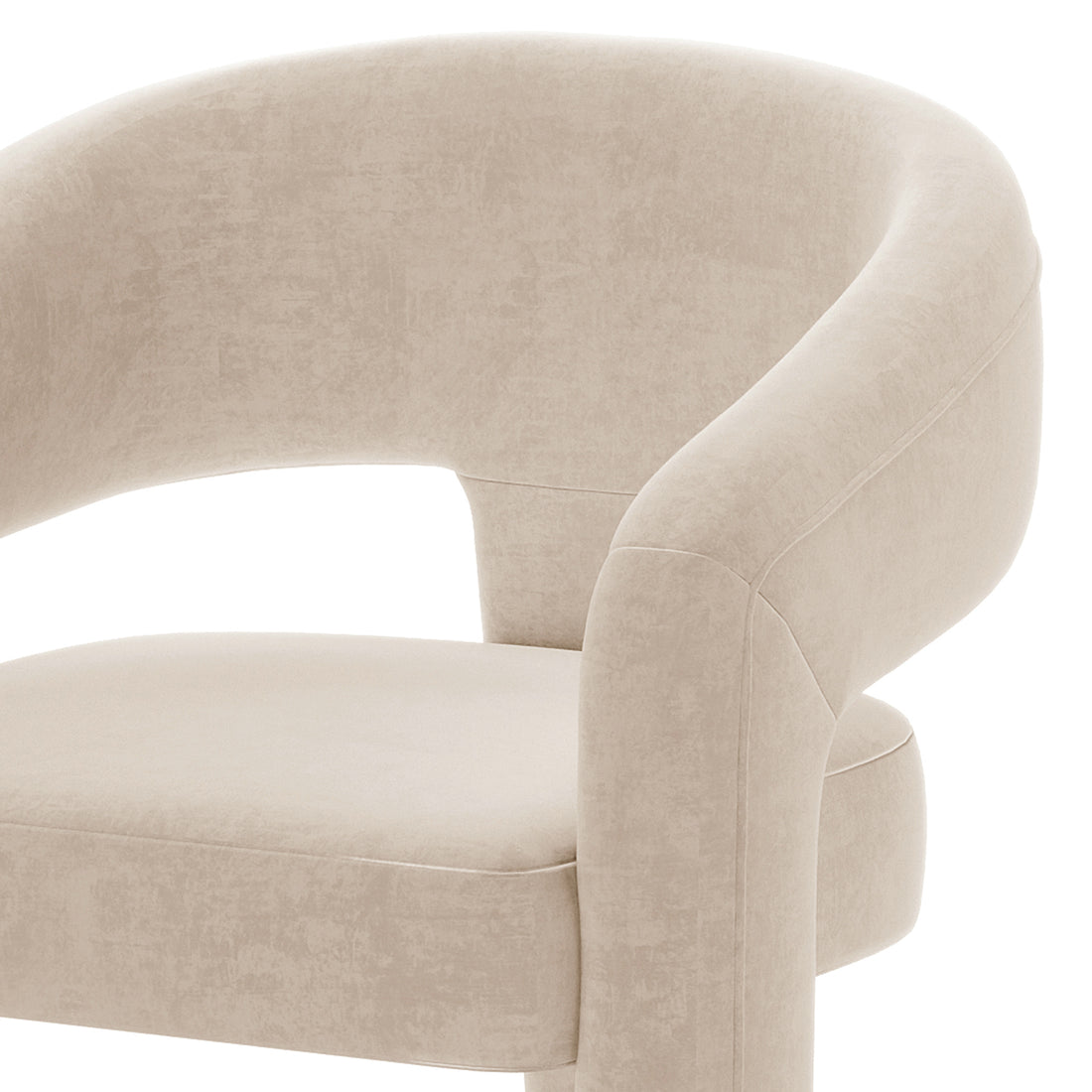 Mariah Velvet Upholstered Accent Chair - Beige, featuring a modern U-shape design with a plush, slightly textured fabric, gently curved backrest, integrated armrests, and three-leg base, offering elegant comfort.