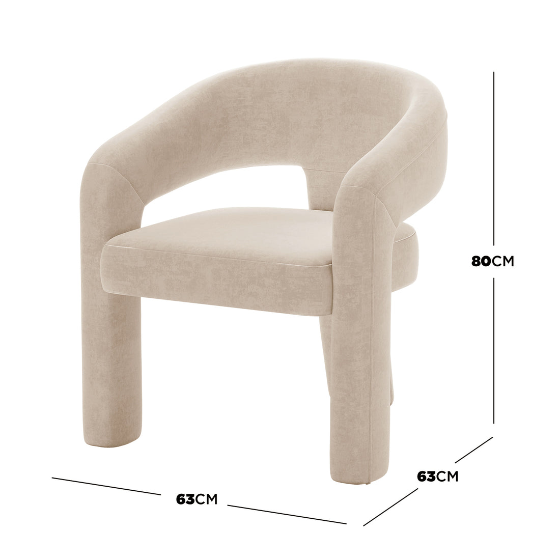 Mariah Velvet Upholstered Accent Chair - Beige, featuring a curved back with rounded armrests and thick cylindrical legs, measuring 80 cm tall, 63 cm deep, and 63 cm wide.