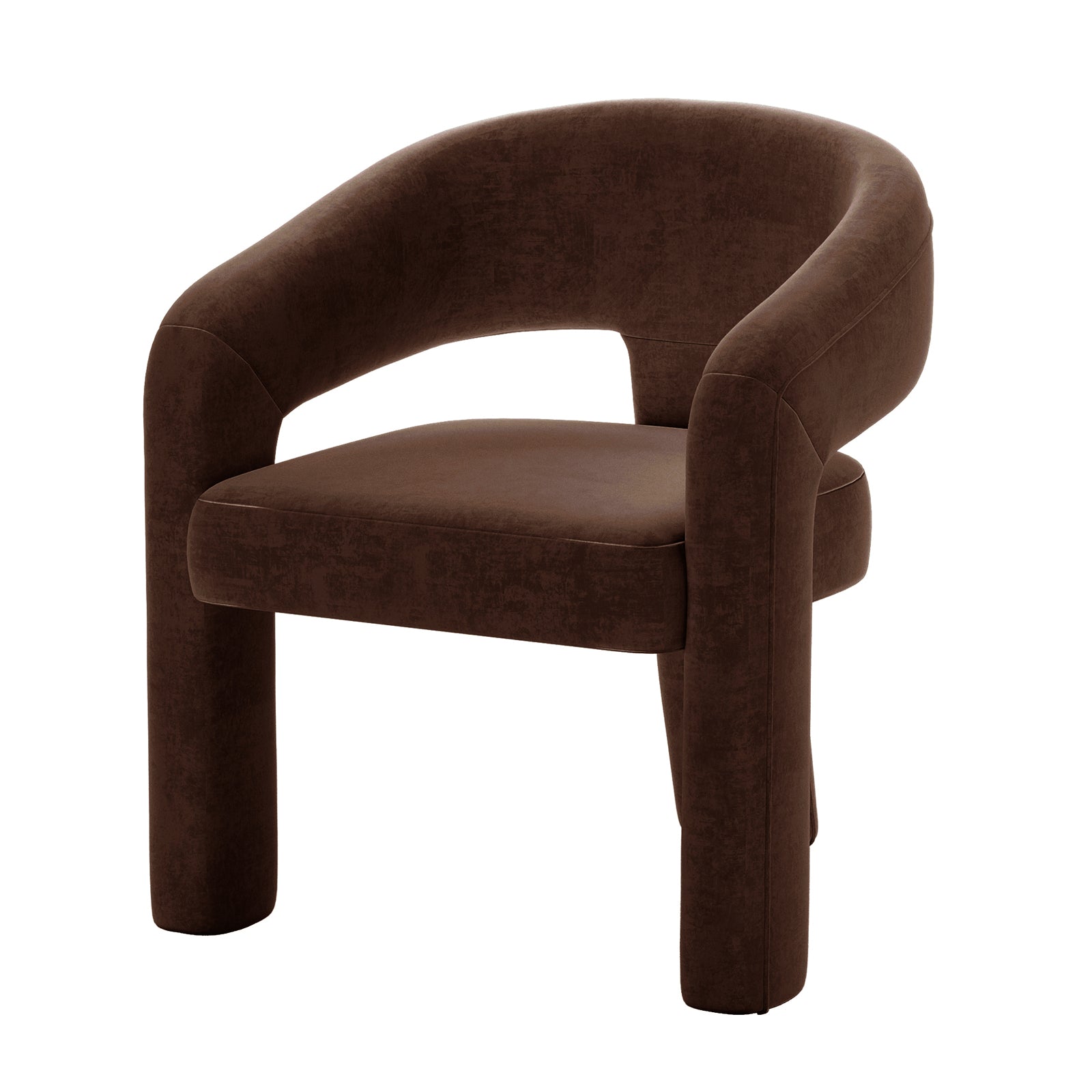 Mariah Velvet Upholstered Accent Chair - Mocha Brown features a minimalist, sculptural design with a curved backrest and armrests, thick padded seat, and tubular legs, all in rich chocolate-brown fabric.