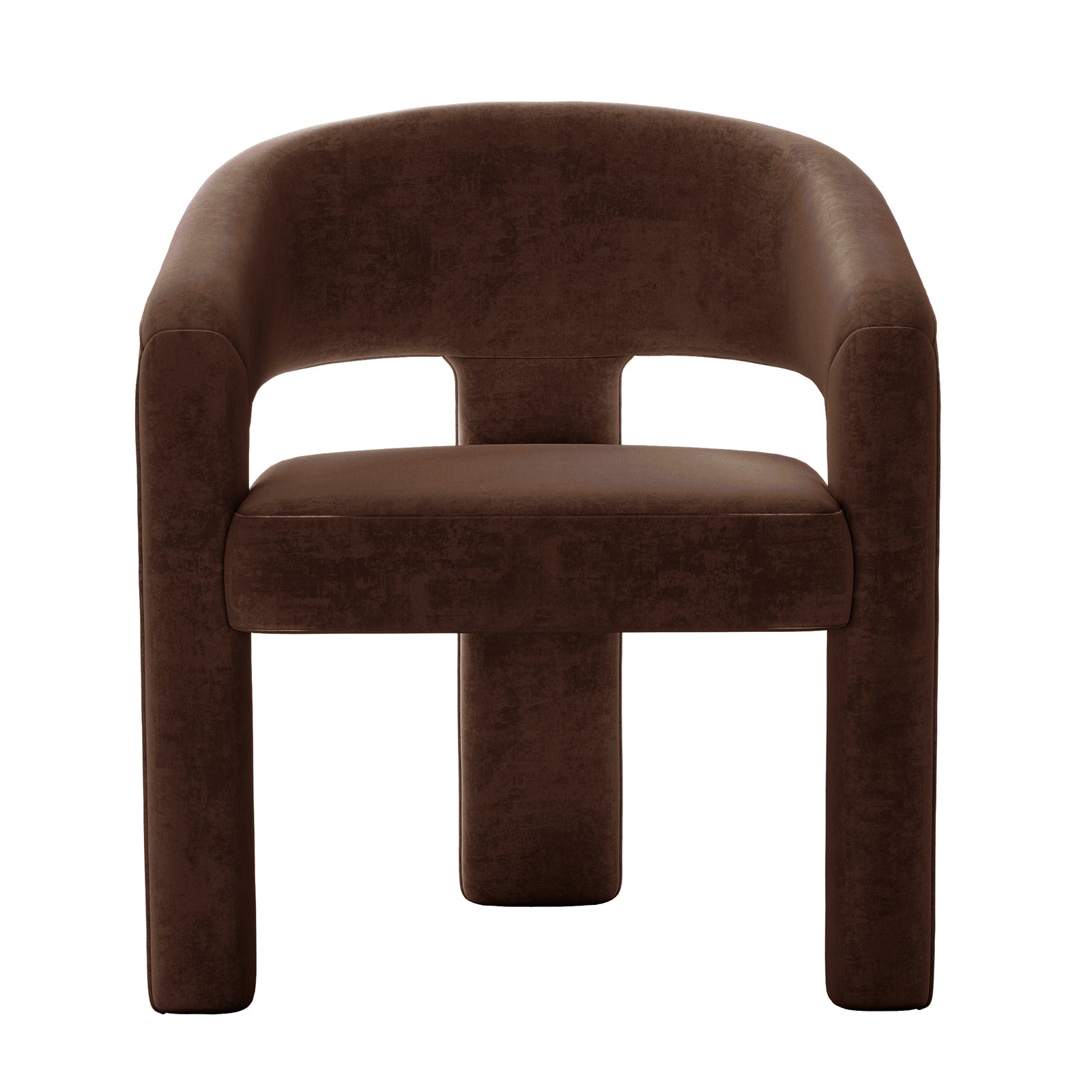 Mariah Velvet Upholstered Accent Chair - Mocha Brown, featuring a contemporary design with low-slung profile, tubular legs, and armrests. The chair showcases a sculptural, open-backrest design, ideal for stylish interiors.