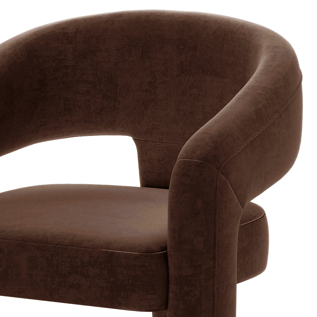 Mariah Velvet Upholstered Accent Chair - Mocha Brown featuring a gently curved backrest, padded armrests, and cushioned seat with an open cut-out between back and seat cushion, showcasing its modern, elegant design.