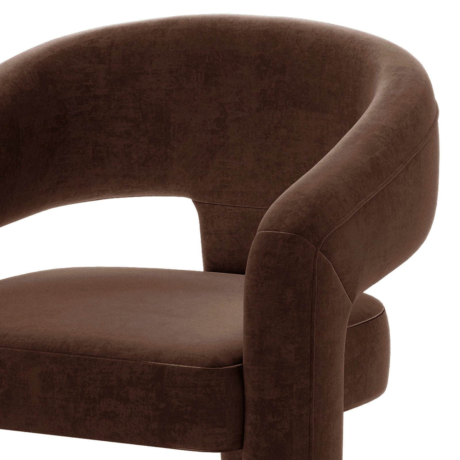 Mariah Velvet Upholstered Accent Chair - Mocha Brown featuring a gently curved backrest, padded armrests, and cushioned seat with an open cut-out between back and seat cushion, showcasing its modern, elegant design.