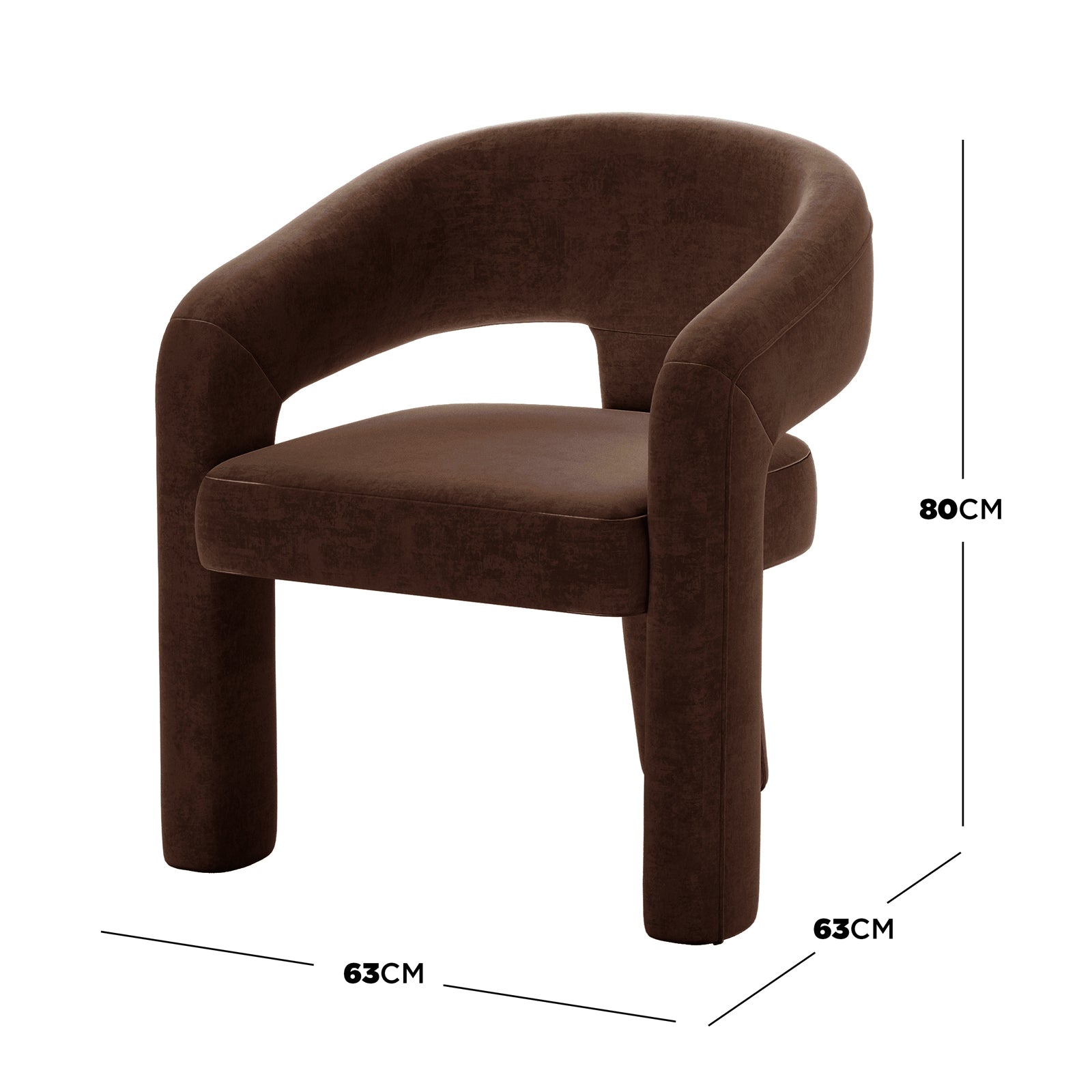 Mariah Velvet Upholstered Accent Chair - Mocha Brown, featuring a continuous curved back and armrests flowing into tubular legs, 63 cm wide, 63 cm deep, 80 cm tall, adds modern elegance.