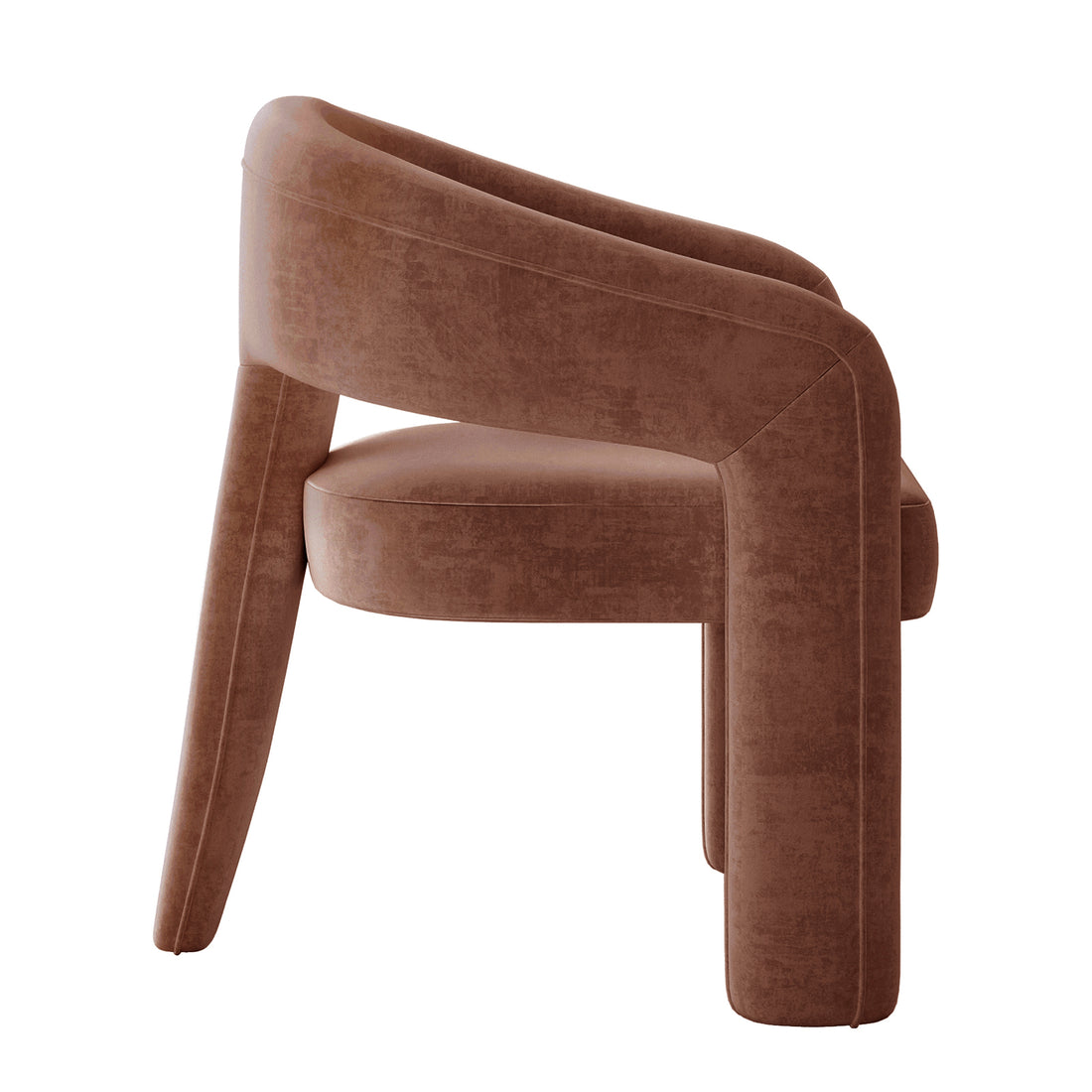 Mariah Velvet Upholstered Accent Chair - Mocha Mousse: Modern armchair with a rounded backrest, padded circular seat, and three chunky legs, all covered in warm brown velvet-like fabric.