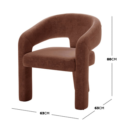 Mariah Velvet Upholstered Accent Chair - Mocha Mousse, featuring a modern barrel-back design with plush, warm brown fabric, curved open-back, and thick tubular legs, measuring 63 cm deep, 63 cm wide, 80 cm high.