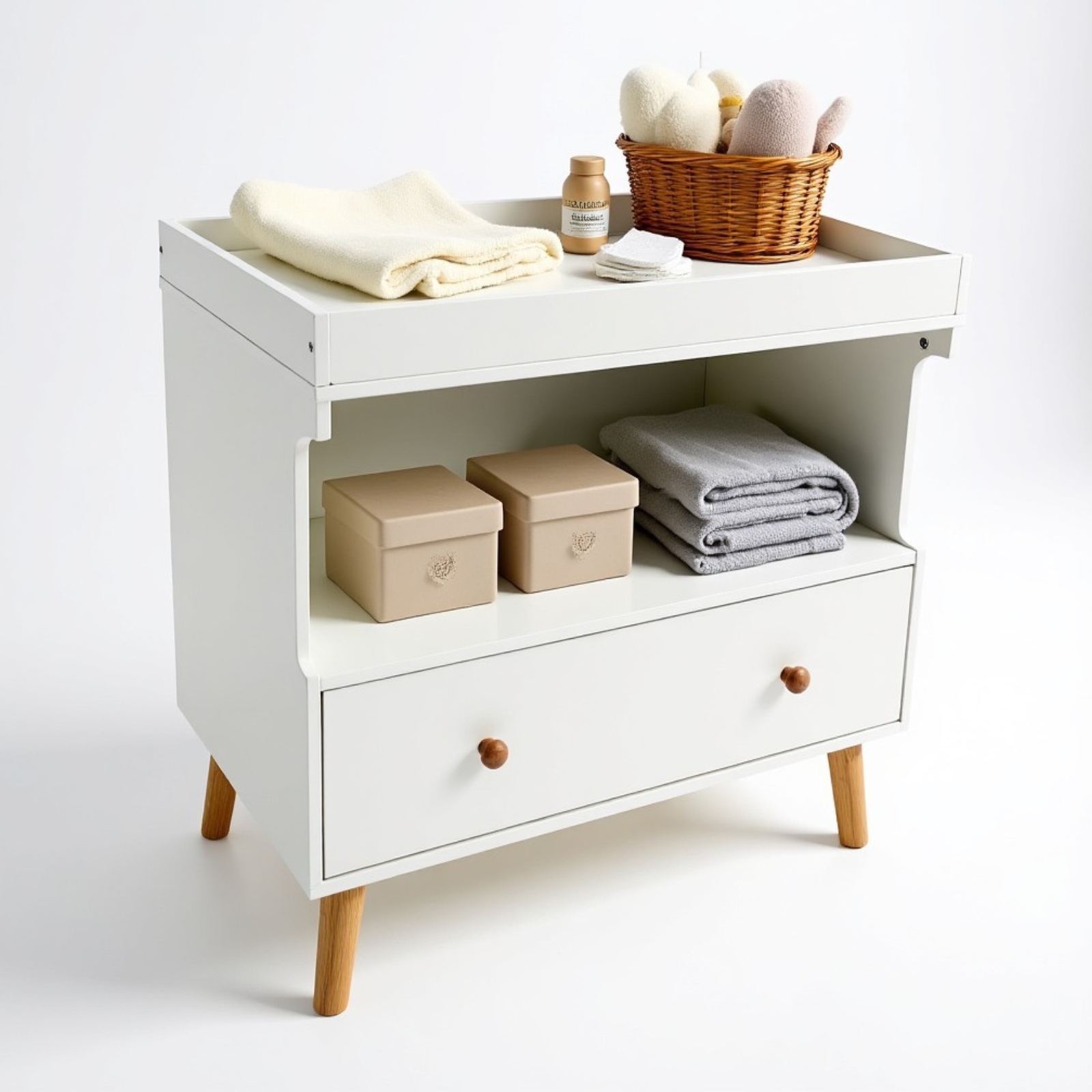 Mariella Solid Pine Baby Change Table with Storage in White, featuring a folded cream blanket, lotion, cotton pads, wicker basket with washcloths, toys on top, beige storage boxes, and a gray towel on the shelf.