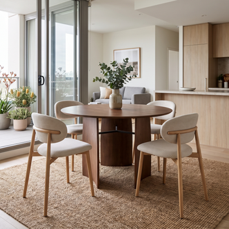Marta 120cm 4 Seater Round Dining Table in Walnut styled in a room setting