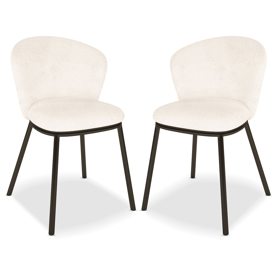 Maveri Boucle Dining Chair Set of 2 in Cream White, featuring armless design, gently curved upholstered backs and seats in bouclé fabric, supported by four slender, splayed black metal legs.