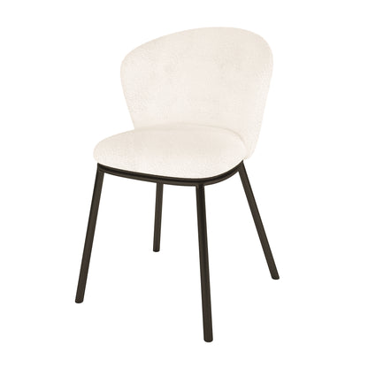 Maveri Boucle Dining Chair Set of 2 in Cream White features softly rounded boucle-style upholstered seats and backrests on slim, splayed black metal legs, ideal for modern and contemporary dining spaces.