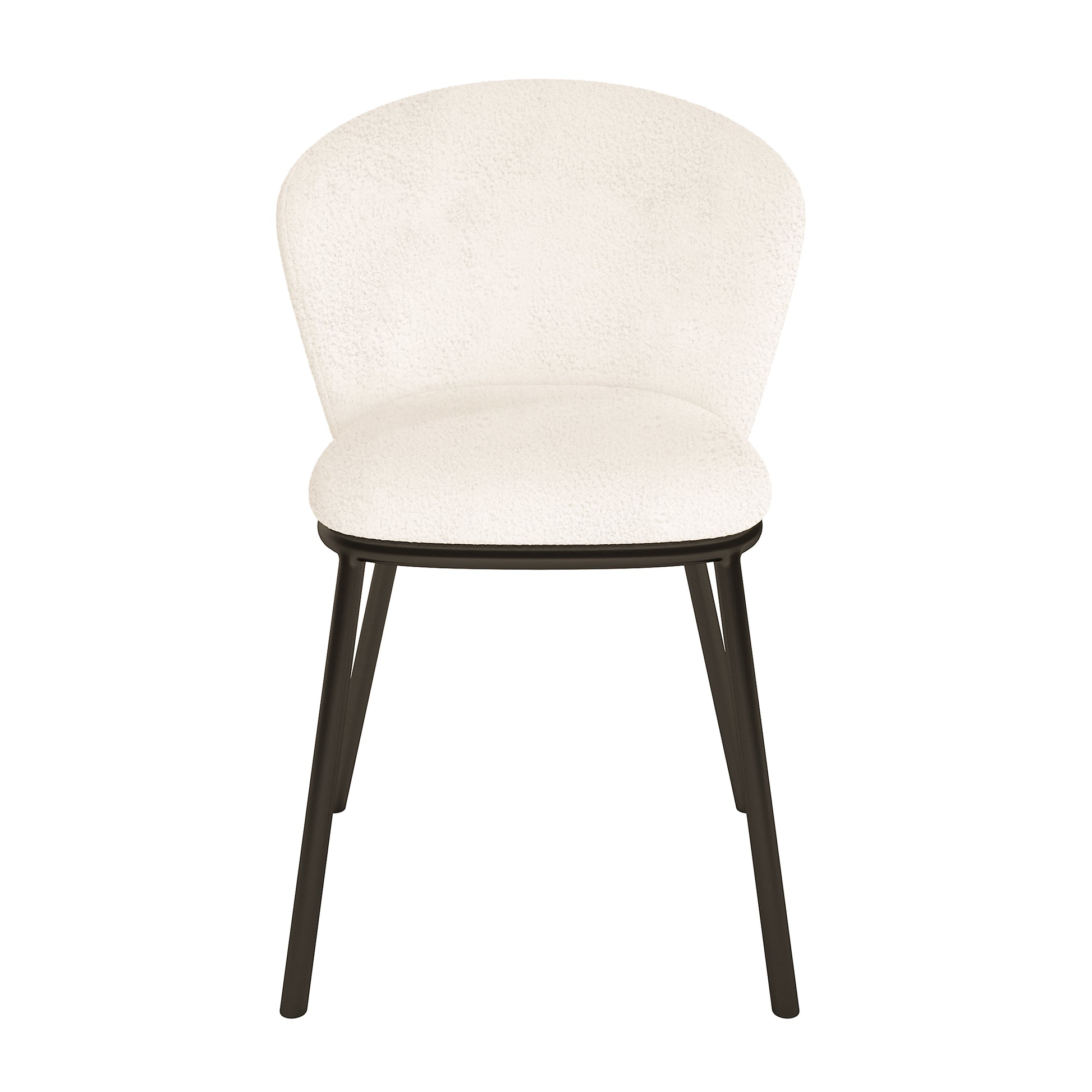 Maveri Boucle Dining Chair Set of 2 in Cream White, featuring a curved backrest and seat in soft bouclé fabric with sleek black metal legs, ideal for modern dining spaces.