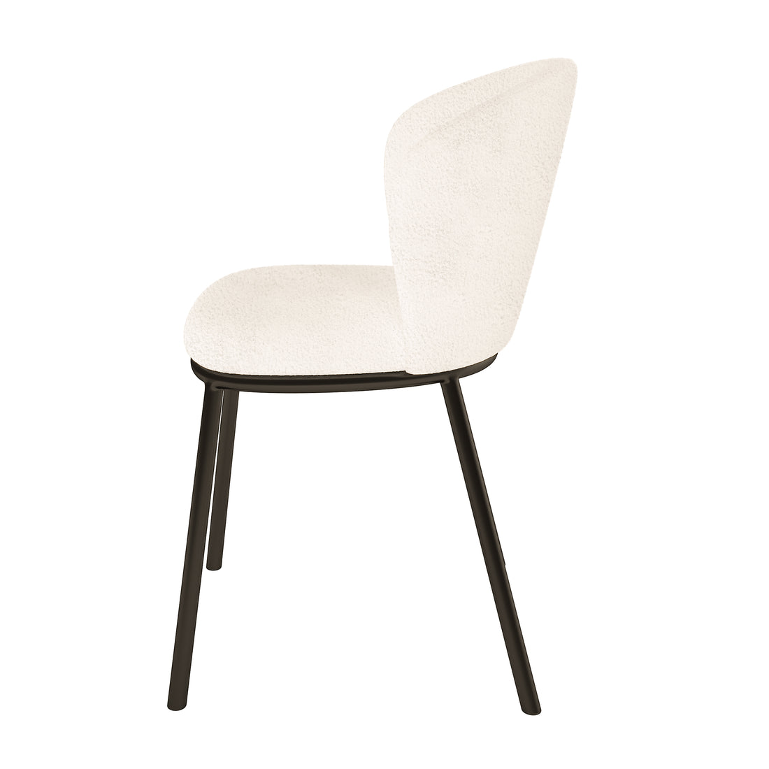 Maveri Boucle Dining Chair Set of 2 in Cream White features a softly padded, off-white upholstered seat and backrest with rounded edges, supported by slender black metal legs, ideal for modern interiors.