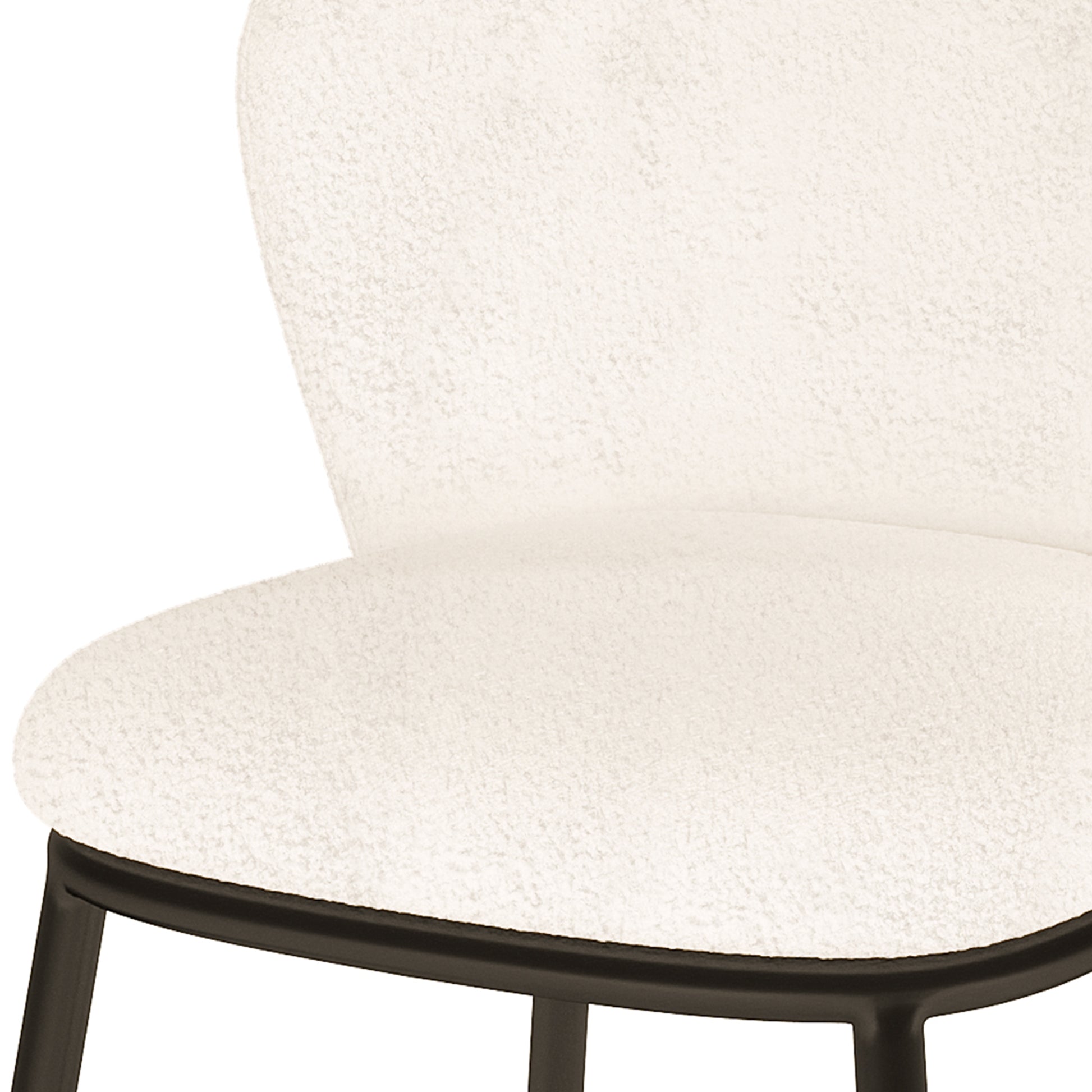Maveri Boucle Dining Chair Set of 2 in Cream White, showcasing a close-up of textured off-white cushioning on the seat and backrest, supported by sleek black metal legs with anti-slip feet.