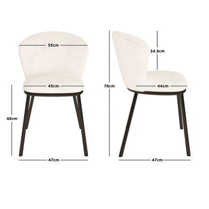 Maveri Boucle Dining Chair Set of 2 in Cream White, showcasing front and side views with dark legs, cream boucle upholstery, and key dimensions: 55 cm backrest width, 78 cm height, 44 cm seat depth.