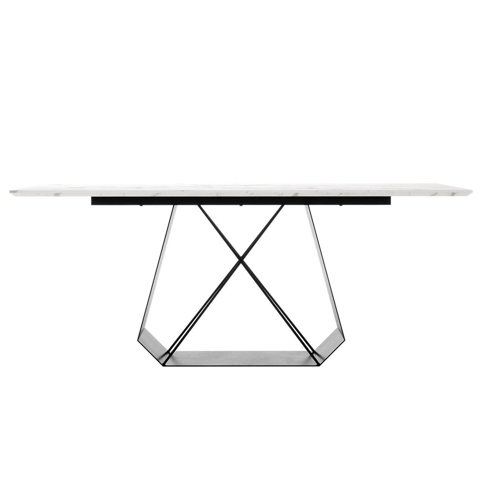 Mavis 180cm Dining Table with Metal Base in White features a rectangular white tabletop with a marble-look surface on a sculptural black metal base of angular, intersecting steel profiles.
