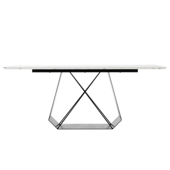 Mavis 180cm Dining Table with Metal Base in White features a rectangular white tabletop with a marble-look surface on a sculptural black metal base of angular, intersecting steel profiles.