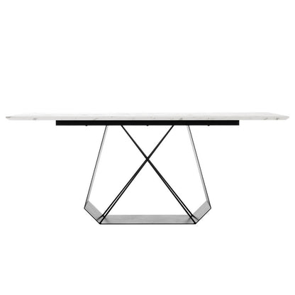 Mavis 180cm Dining Table with Metal Base in White features a rectangular white tabletop with a marble-look surface on a sculptural black metal base of angular, intersecting steel profiles.