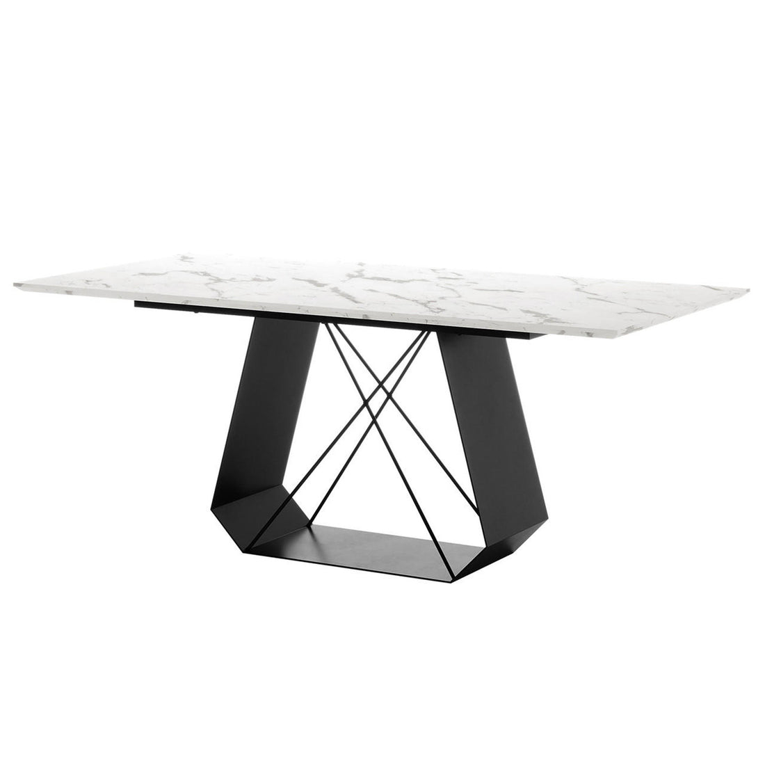 Mavis 180cm Dining Table with Metal Base in White features a sleek marble-patterned top and geometric black metal base, offering a modern, elegant centerpiece for dining or conference rooms.