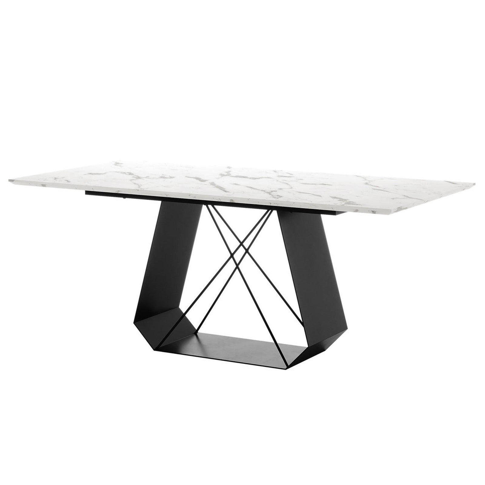 Mavis 180cm Dining Table with Metal Base in White features a sleek marble-patterned top and geometric black metal base, offering a modern, elegant centerpiece for dining or conference rooms.