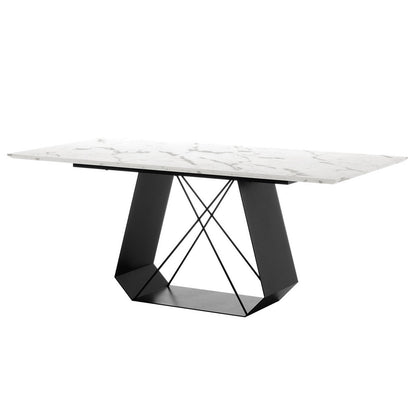 Mavis 180cm Dining Table with Metal Base in White features a sleek marble-patterned top and geometric black metal base, offering a modern, elegant centerpiece for dining or conference rooms.