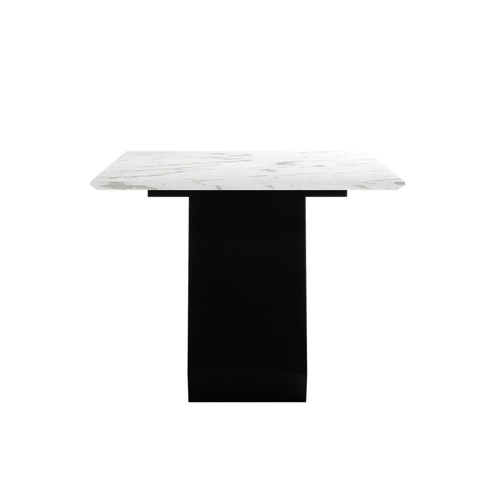 Mavis 180cm Dining Table with Metal Base in White features a thick, marble-patterned top on a solid black pedestal, blending modern style with sturdy construction for an elegant dining room centerpiece.