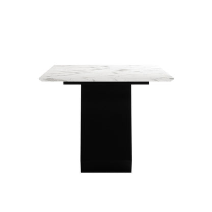 Mavis 180cm Dining Table with Metal Base in White features a thick, marble-patterned top on a solid black pedestal, blending modern style with sturdy construction for an elegant dining room centerpiece.
