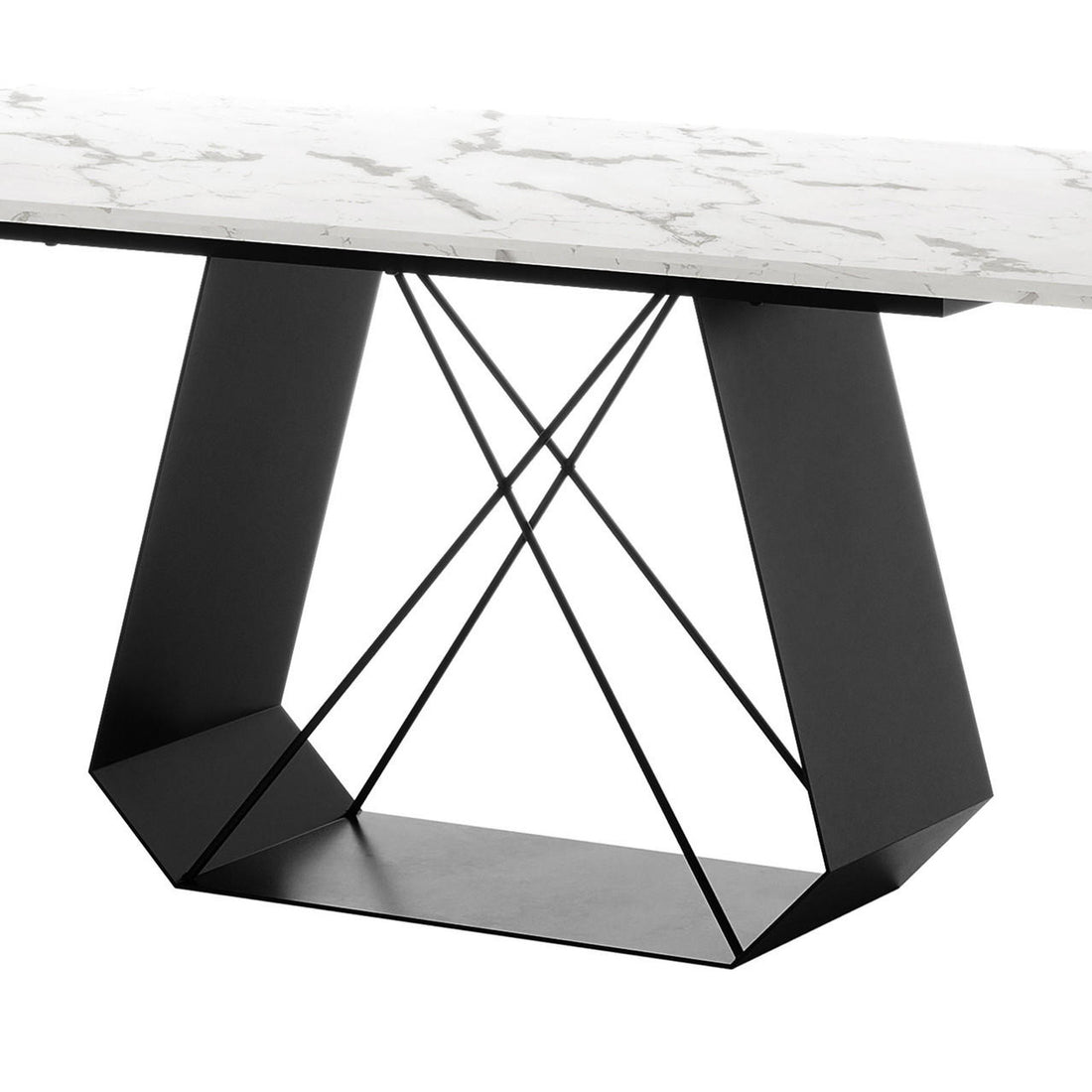 Mavis 180cm Dining Table with Metal Base in White, featuring a marble-effect tabletop and geometric black metal base with angular supports and cross-bracing rods, showcasing a modern, architectural design.