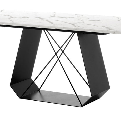 Mavis 180cm Dining Table with Metal Base in White, featuring a marble-effect tabletop and geometric black metal base with angular supports and cross-bracing rods, showcasing a modern, architectural design.
