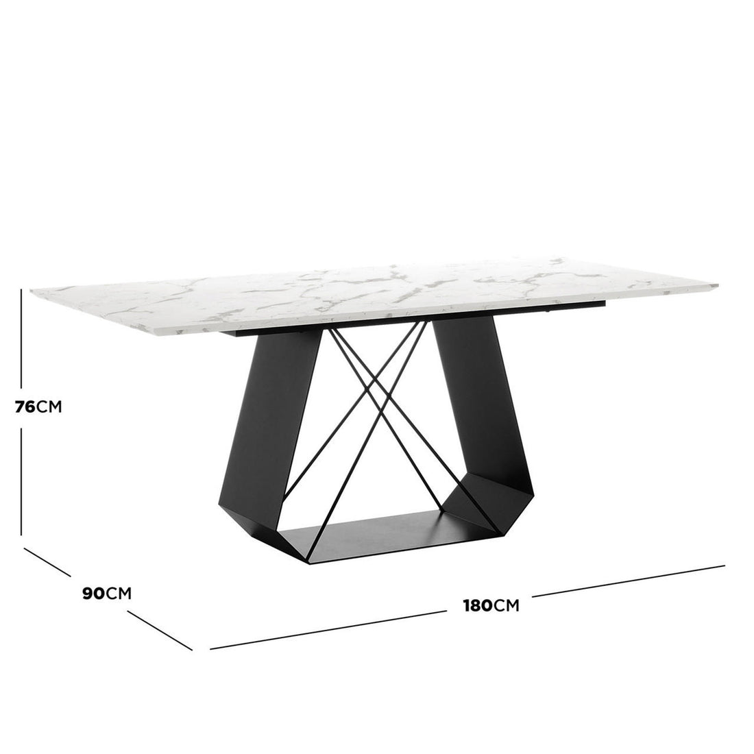 Mavis 180cm Dining Table with Metal Base in White, showcasing a marble-effect top and geometric black metal pedestal base, measures 180 cm by 90 cm by 76 cm.