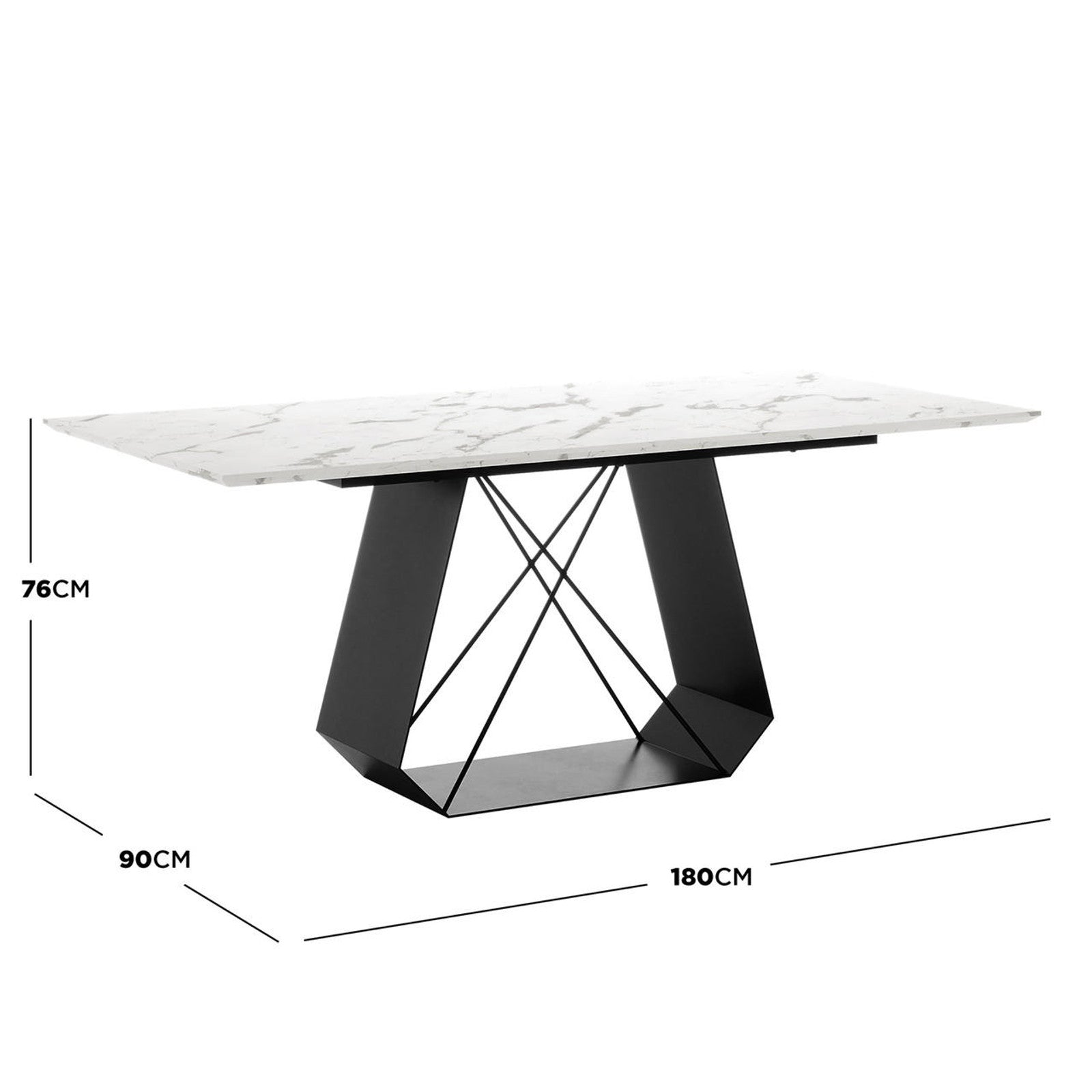 Mavis 180cm Dining Table with Metal Base in White, showcasing a marble-effect top and geometric black metal pedestal base, measures 180 cm by 90 cm by 76 cm.