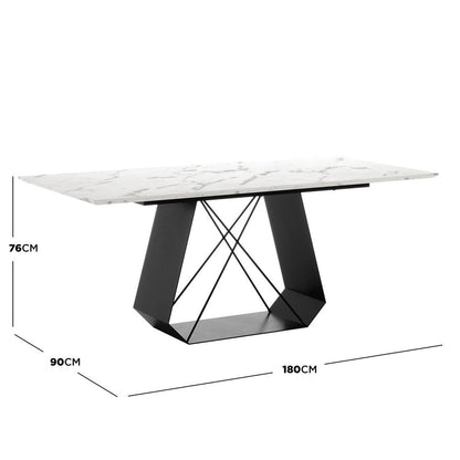 Mavis 180cm Dining Table with Metal Base in White, showcasing a marble-effect top and geometric black metal pedestal base, measures 180 cm by 90 cm by 76 cm.