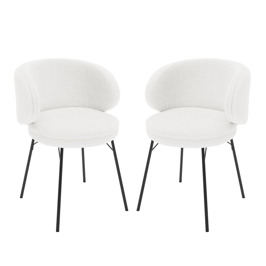 Meily Boucle Dining Chair Set of 2 in Cream White features modern design with round, padded seats and low, curved backrests upholstered in white boucle fabric, supported by slender black metal legs.