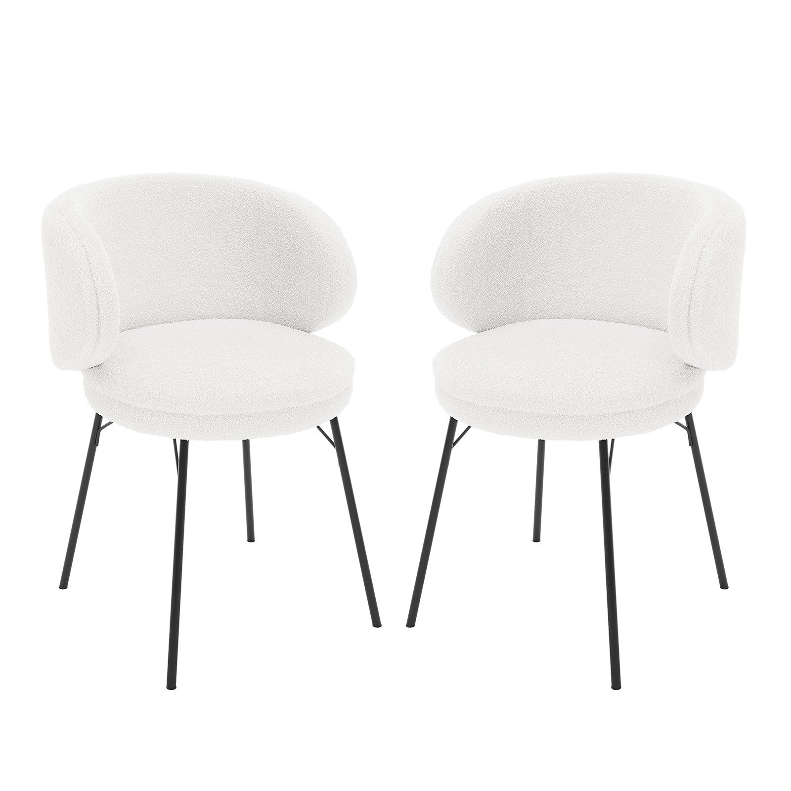 Meily Boucle Dining Chair Set of 2 in Cream White features modern design with round, padded seats and low, curved backrests upholstered in white boucle fabric, supported by slender black metal legs.
