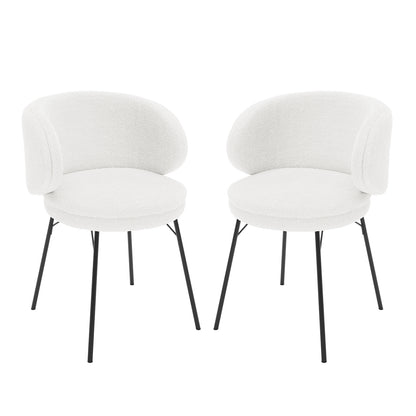 Meily Boucle Dining Chair Set of 2 in Cream White features modern design with round, padded seats and low, curved backrests upholstered in white boucle fabric, supported by slender black metal legs.